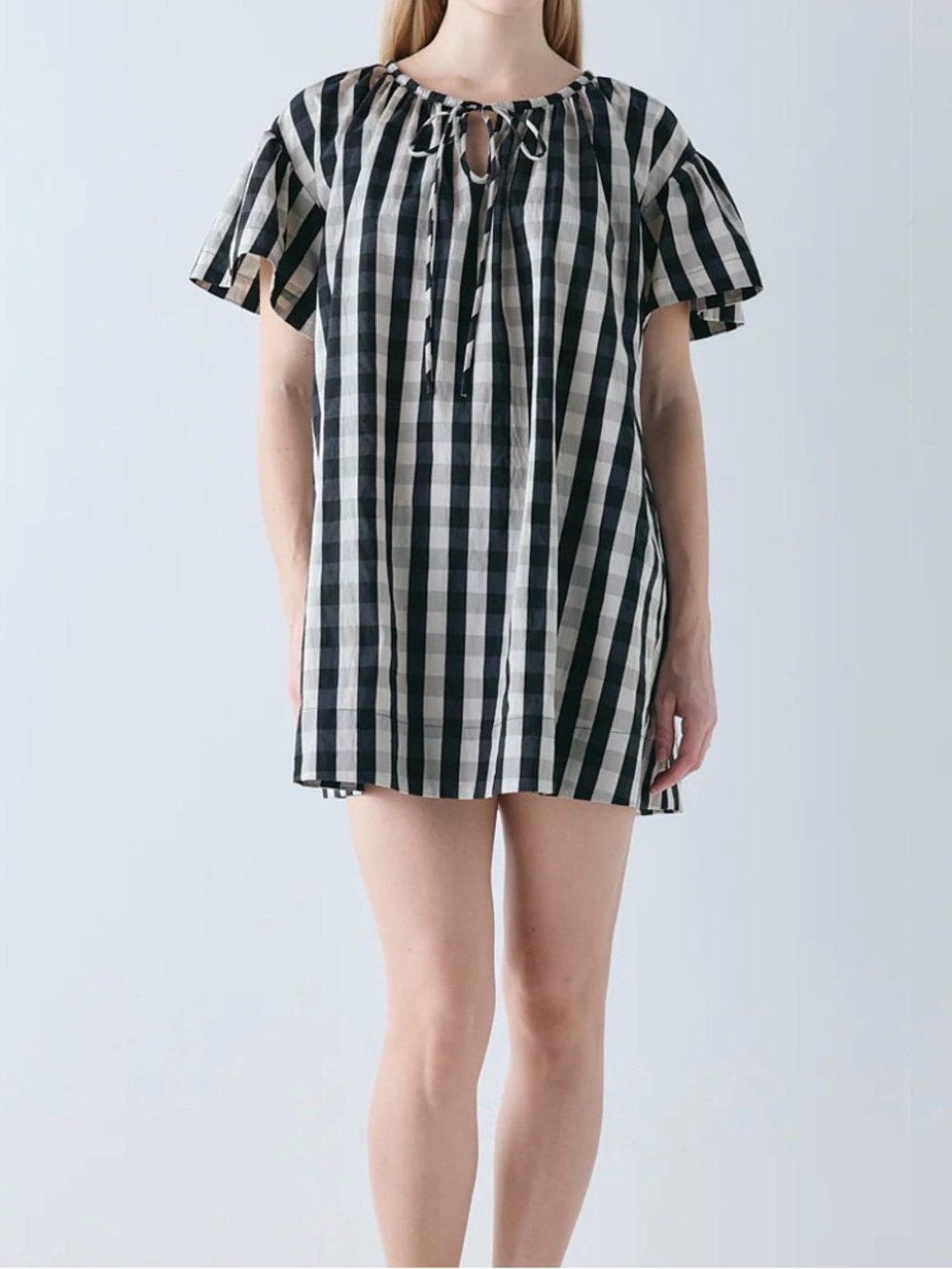 Black & White Gingham Tie-Neck Tunic Dress
